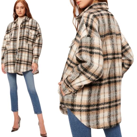 NWT Good American Plaid Shacket Neutral Plaid Browns and Black Oversized  S / M - Picture 2 of 8